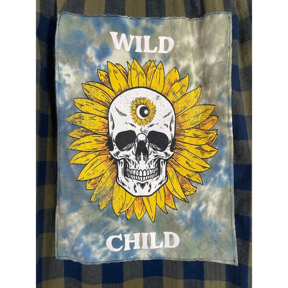 Upcycled Flannel Wild Child Sunflower Skull Plaid Green Medium - Picture 2 of 5